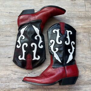 Vintage Cowboy Boots Red Black Leather White Thunderbird Rockabilly Rodeo 9.5M